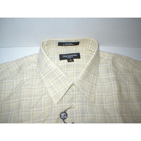 New Mens L NWT Guy Laroche Homme France Designer Shirt Yellow Brown Linen Plaid - Picture 2 of 5